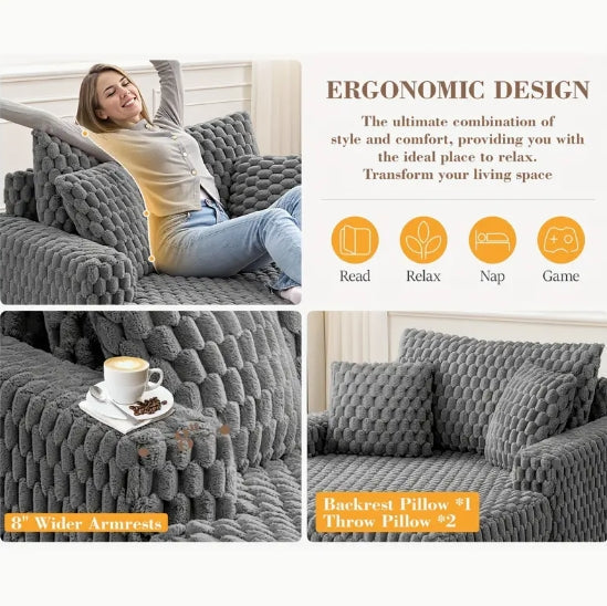 Oversized Plush Chaise Lounge Chair - Modern Fluffy Comfy Sofa Bed With Armrests & Pillows, Cozy Reading Chair For Living Room, Bedroom, Apartment, Dorm | Soft Fabric, Space-Saving Sleeper Furniture
