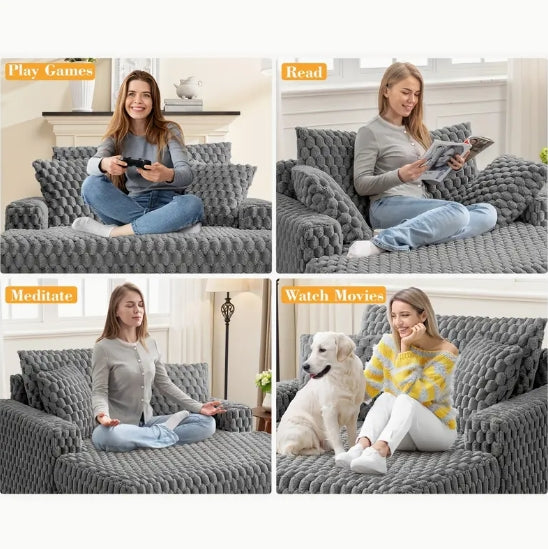 Oversized Plush Chaise Lounge Chair - Modern Fluffy Comfy Sofa Bed With Armrests & Pillows, Cozy Reading Chair For Living Room, Bedroom, Apartment, Dorm | Soft Fabric, Space-Saving Sleeper Furniture