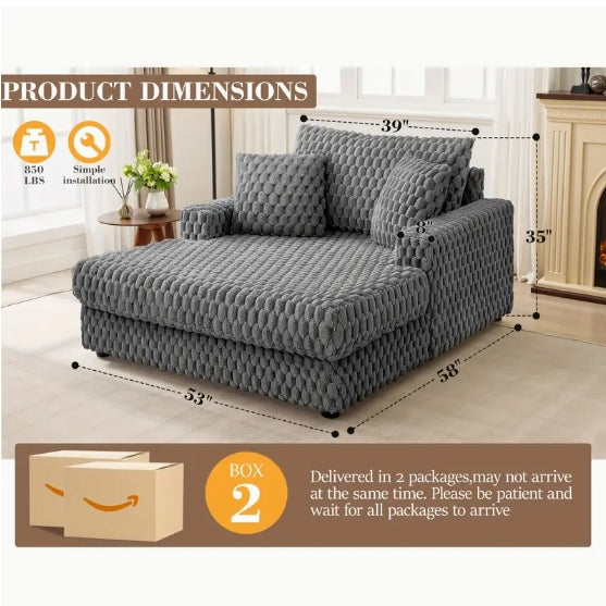 Oversized Plush Chaise Lounge Chair - Modern Fluffy Comfy Sofa Bed With Armrests & Pillows, Cozy Reading Chair For Living Room, Bedroom, Apartment, Dorm | Soft Fabric, Space-Saving Sleeper Furniture